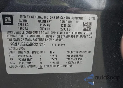 2016 Chevrolet Equinox Ls из США, поврежденный, VIN 2GNALBEK5G6227243